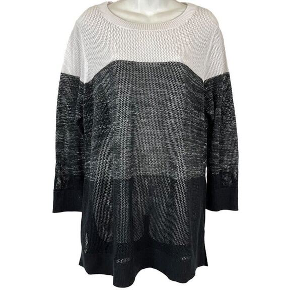 T by Talbots Womens White Black Loose Knit Long Sleeve Cotton Blend Sweater sz L - Picture 1 of 16